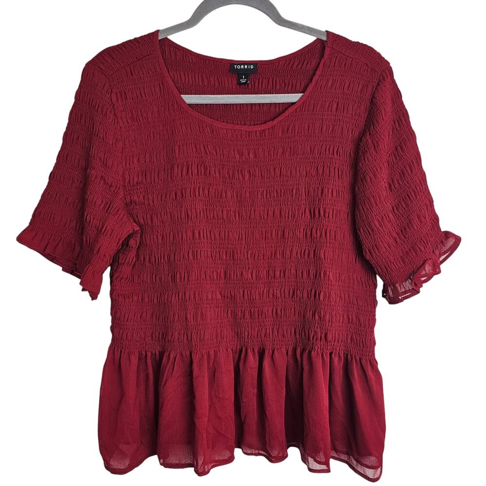 Torrid Top Smocked Top Women 1X Red Peplum Blouse Ruffle Hem Blouse Casual Top
